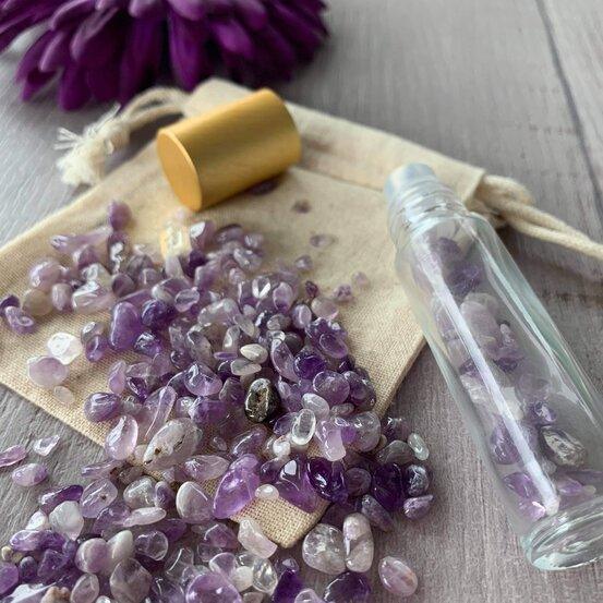 amethyst chips in a roller bottle for crystal collection @ centaur packaging
