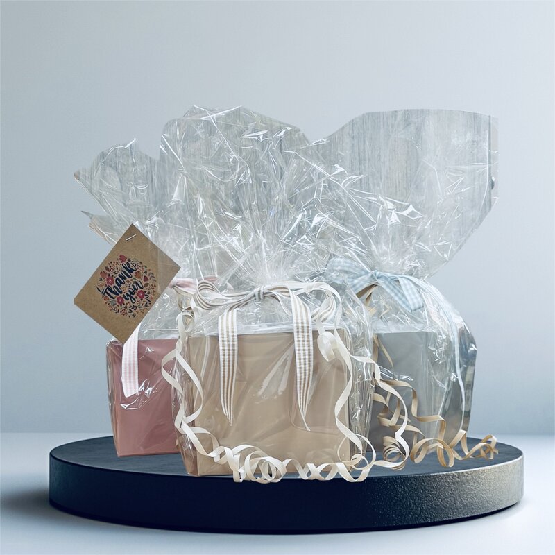 coloured gift box collection with cello wrap and ribbon