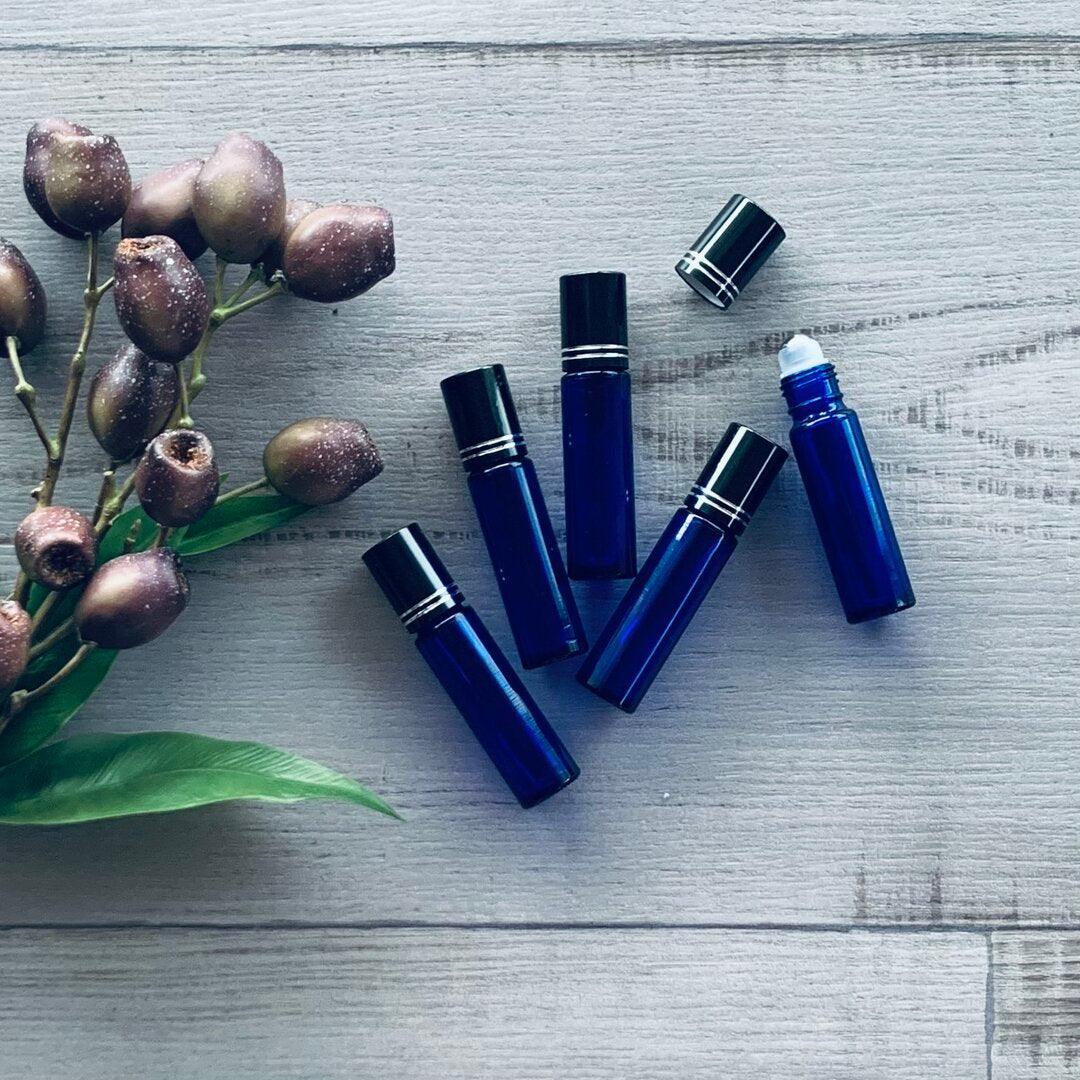 10ml Cobalt Blue Glass Roller Bottle with Black-Silver lid - Pack of 5 - centaur packaging