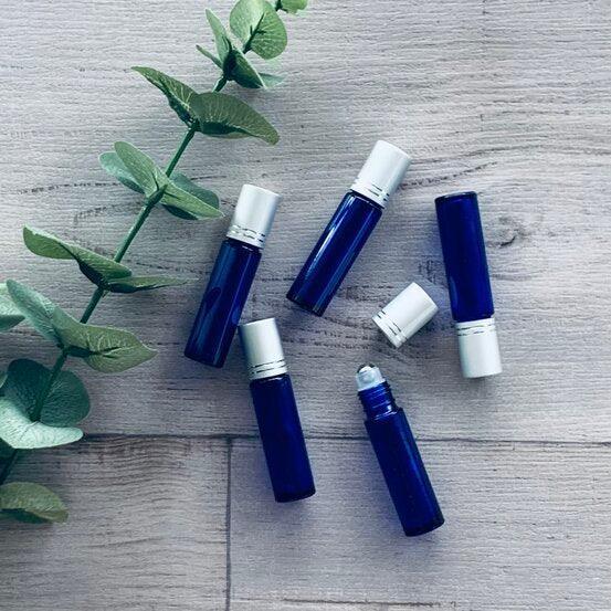 10ml Cobalt Blue Glass Roller Bottle with Silver Lids - Pack of 5 - centaur packaging