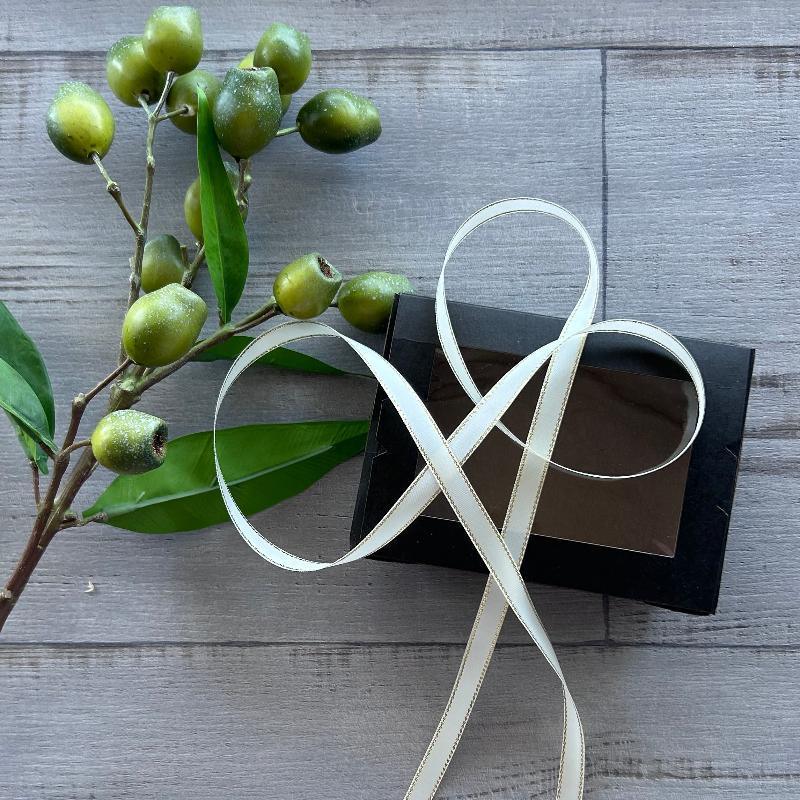 10mm satin double faced metallic edge ribbon ivory/gold with black gift box