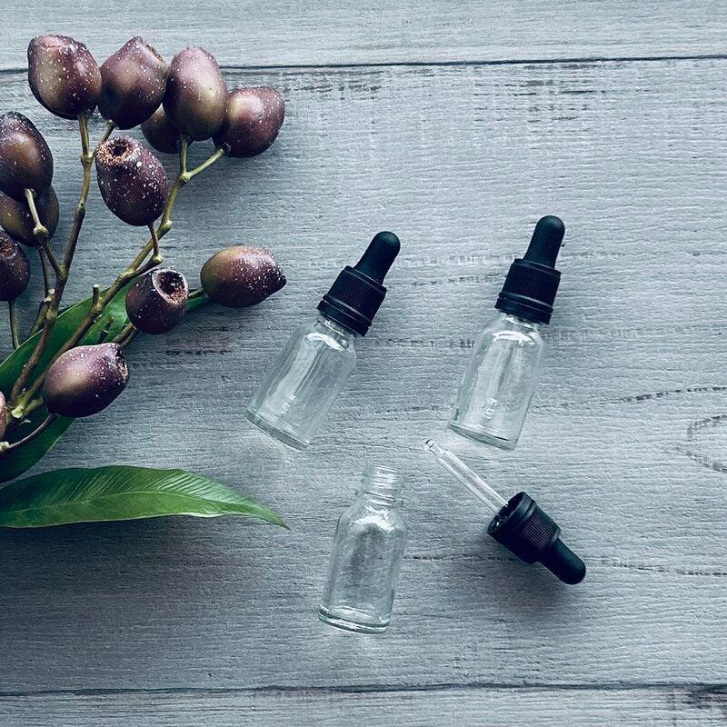 black dropper with clear glass bottle x 3