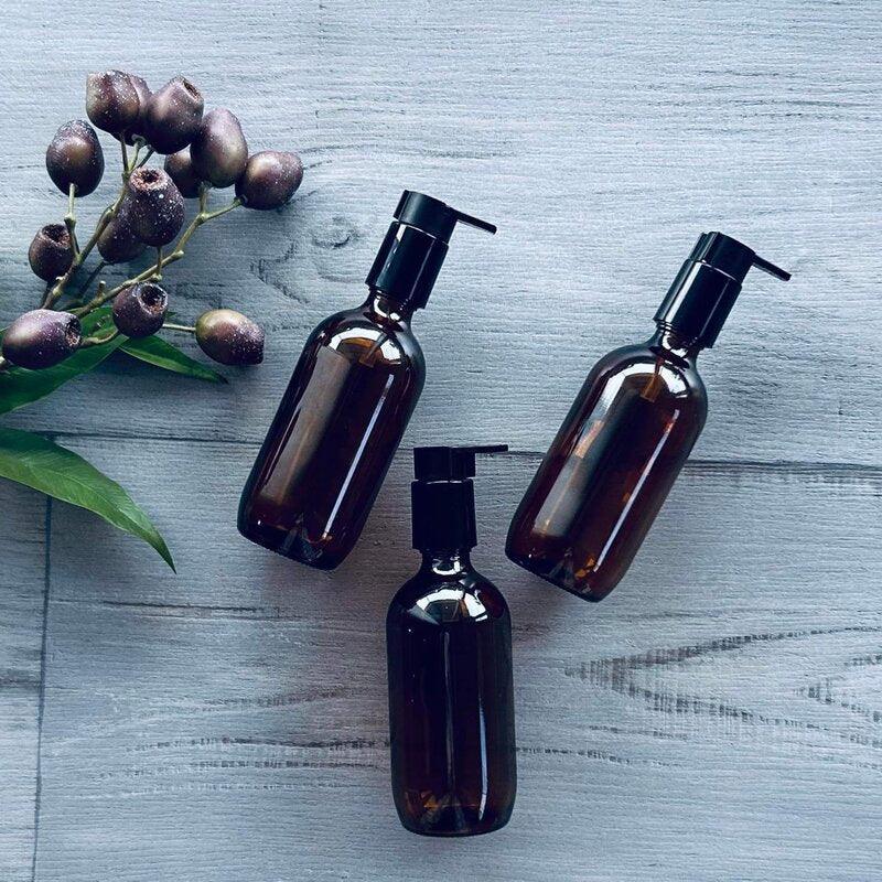 200ml amber glass bottle with black pump x 3