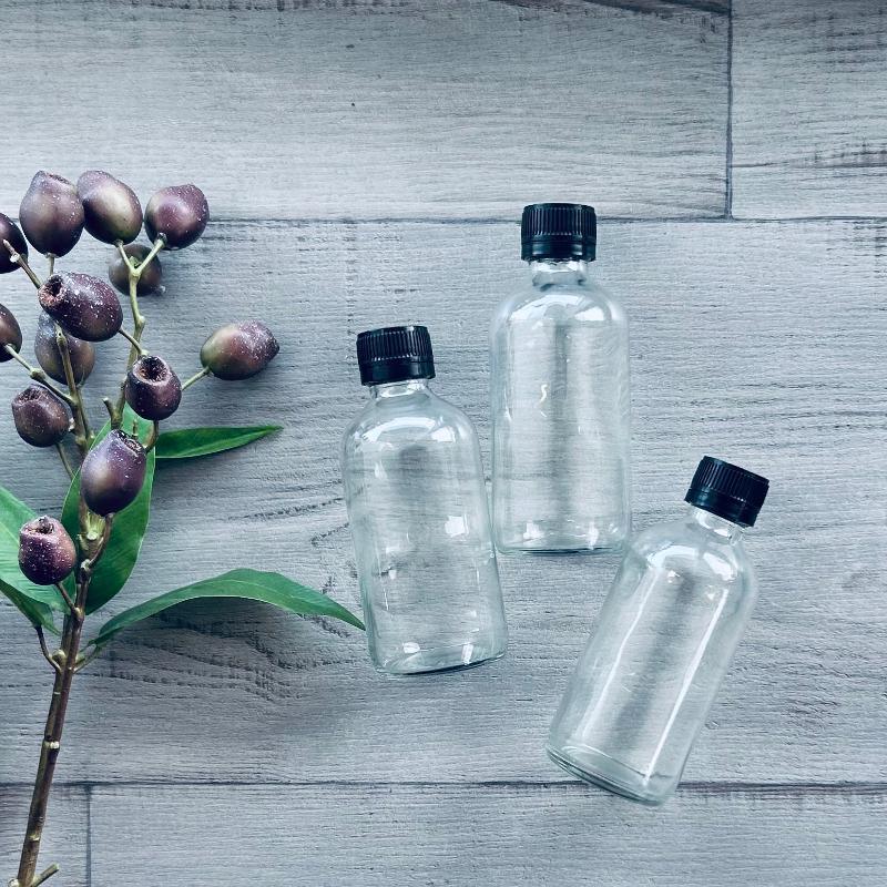 240ml clear  glass bottle with black tamper evident twist lid x3