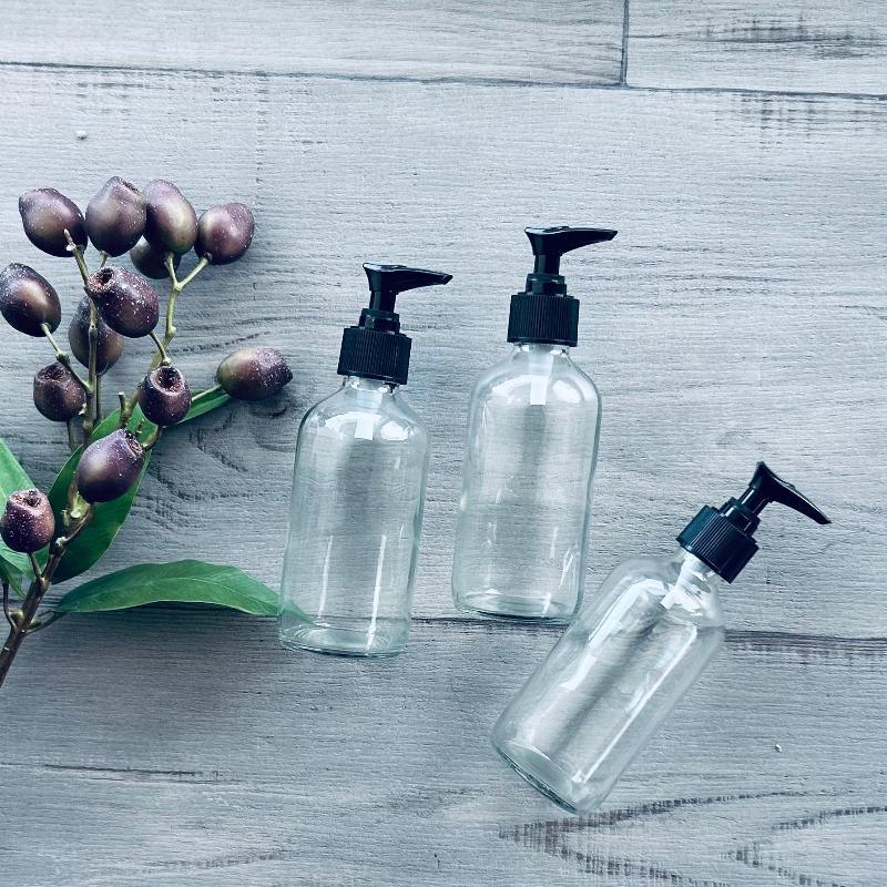 240ml clear glass bottle with black plastic pump x 3