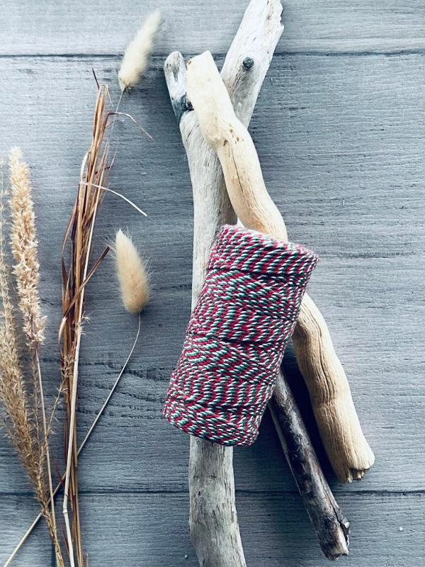 2mm cotton twine red, green and white 100mt