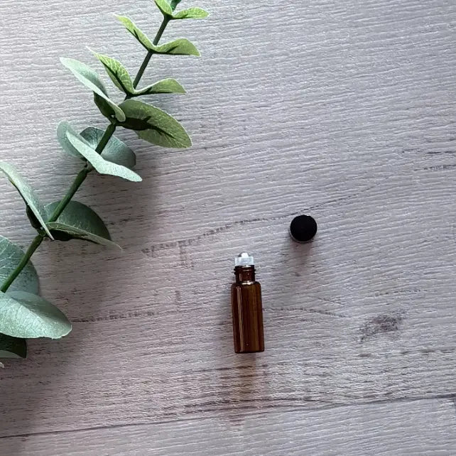 5ml amber Thin Glass Roller Bottle with Black Lid 12 Pack single lid off