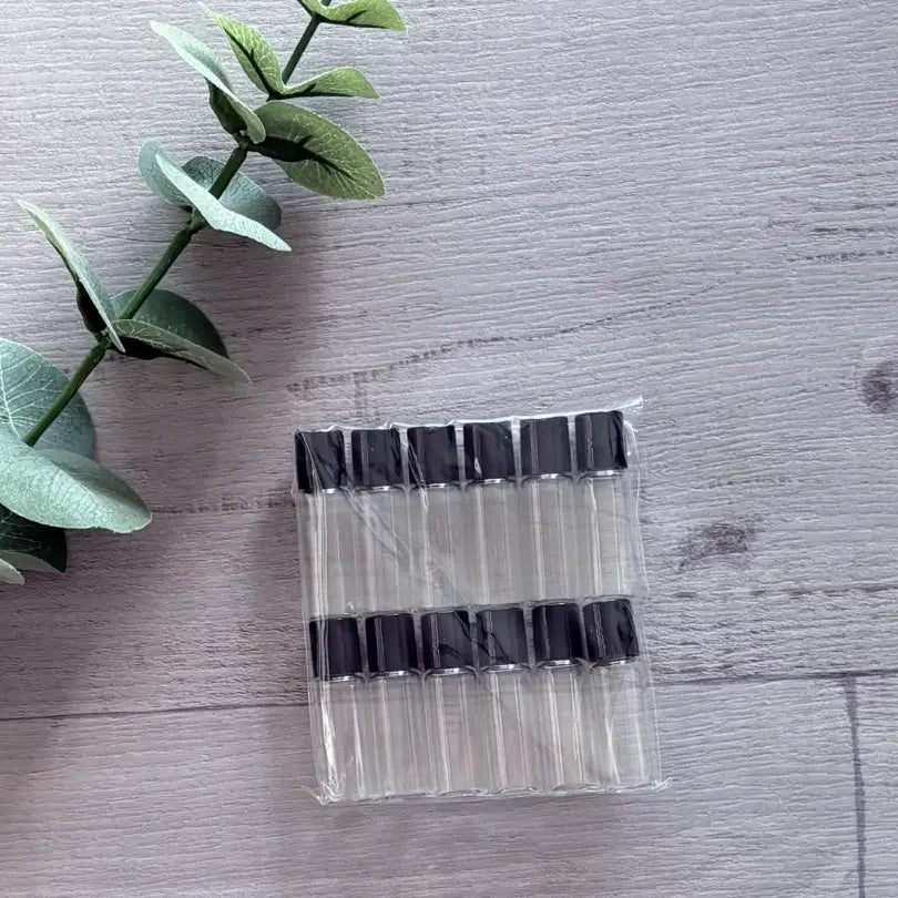 5ml Clear Thin Glass Roller Bottle with Black Lid 12 Pack