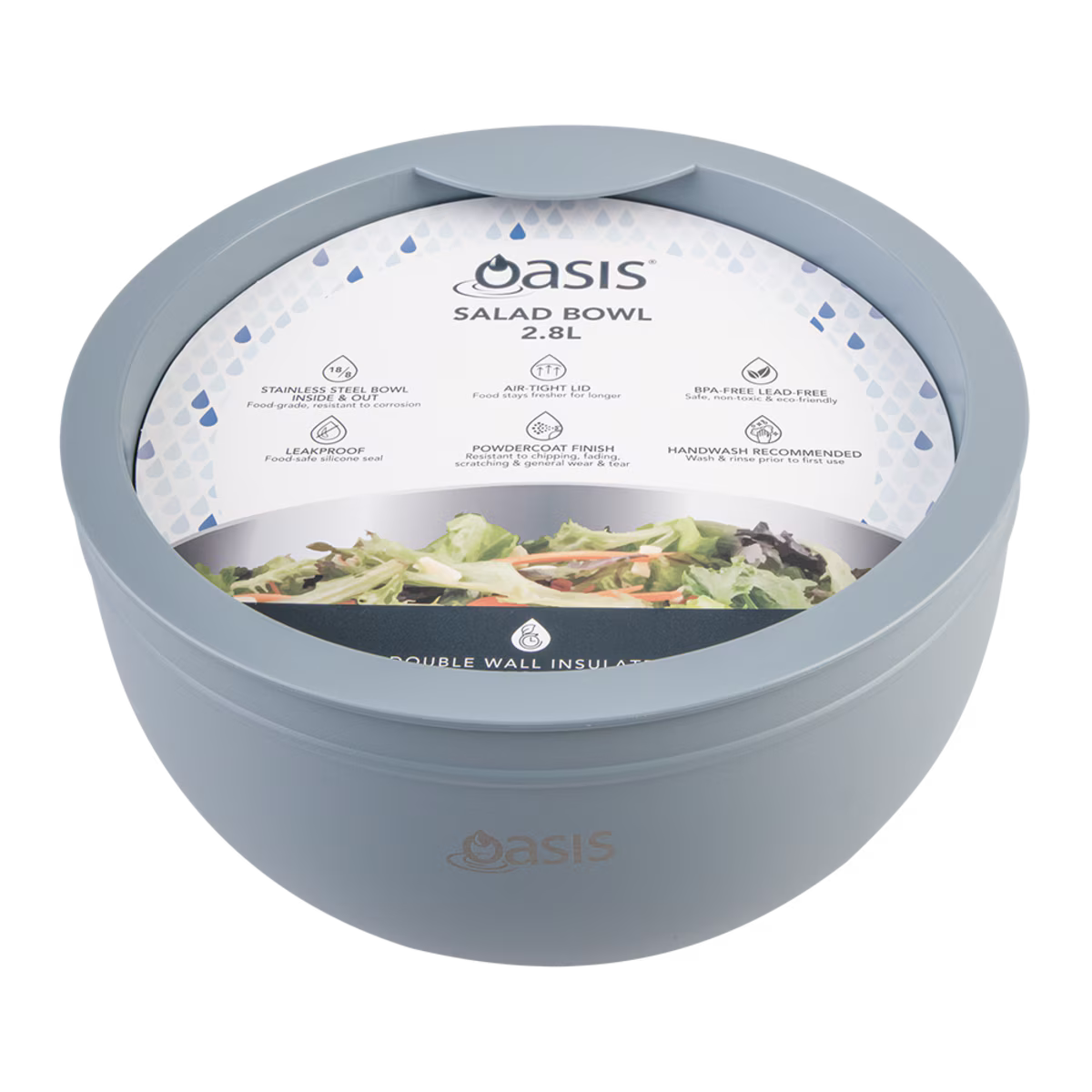 Oasis S/S Double Wall Salad Bowl with Lid 2.8lt - Hazy Blue