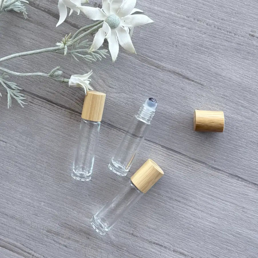 10ml Clear Bottle with Gemstone Roller Ball & Bamboo Lid - Amethyst