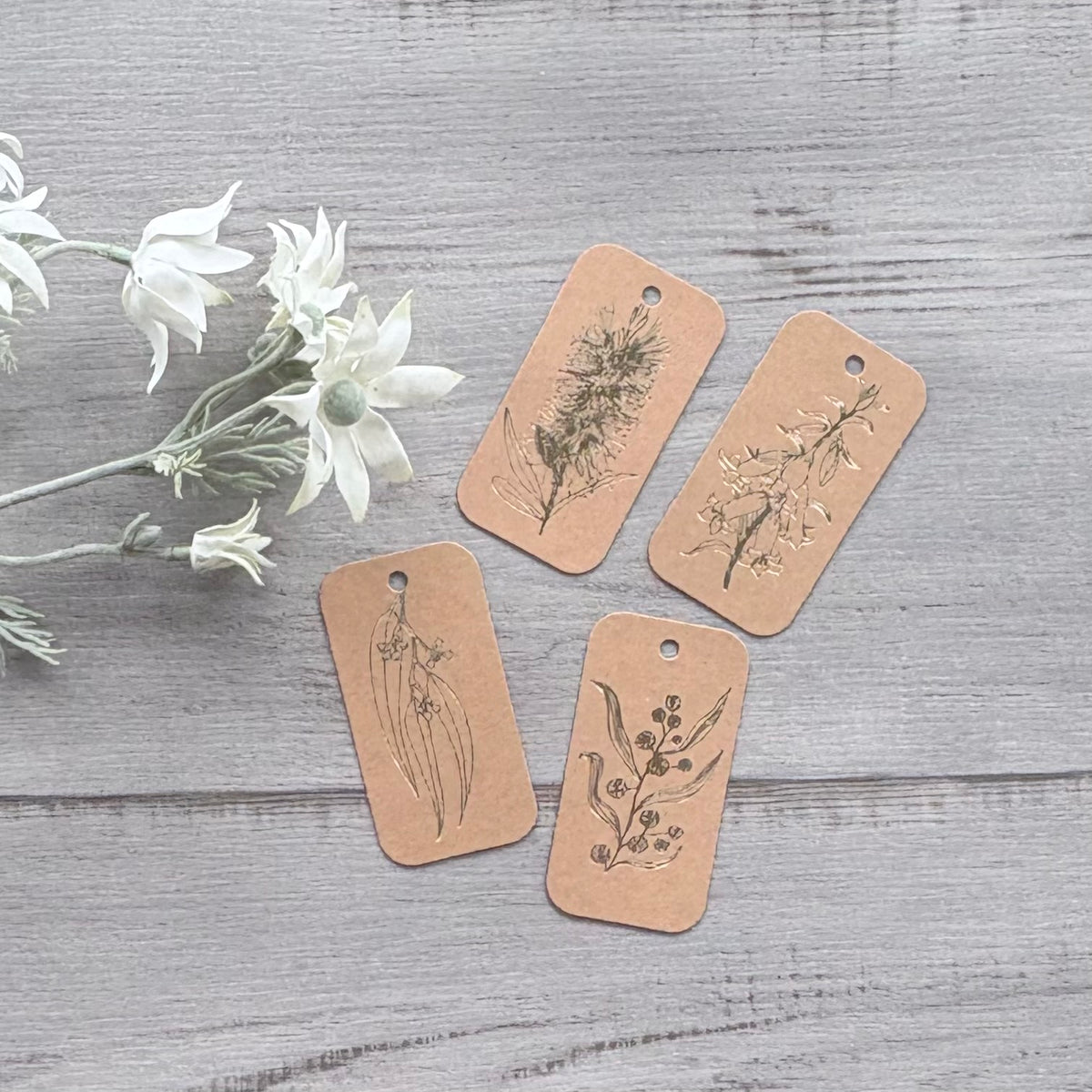 Kraft cardboard botanical gift tags with gold printing, featuring bottlebrush, wattle, gum leaf and honeysuckle designs, 20 pack.