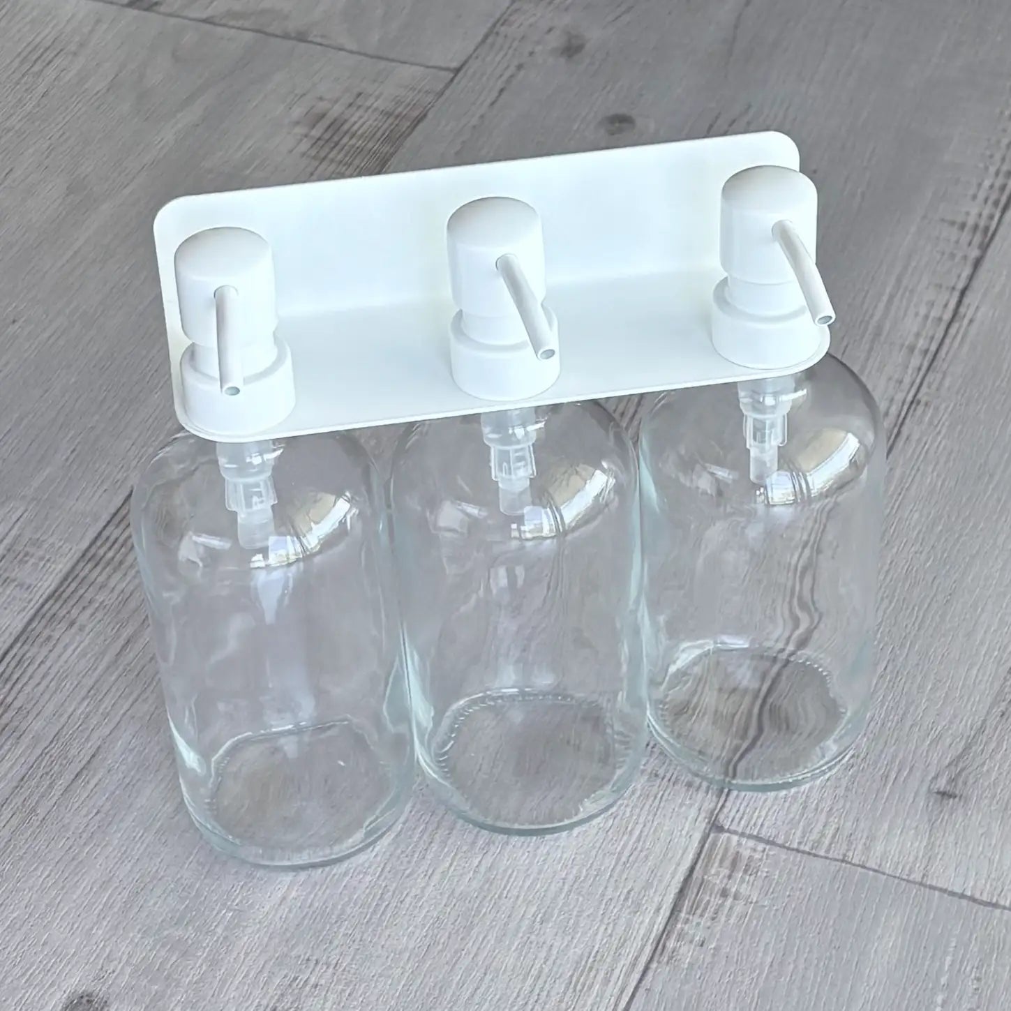 Stainless Steel 304 Soap Bottle Bracket 3 Hole – White THREE CLEAR BOTTLES WHITE PUMP