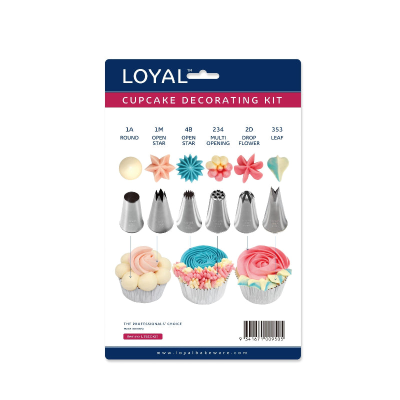 loyal cupcake decorating kit 8 pieces back view card