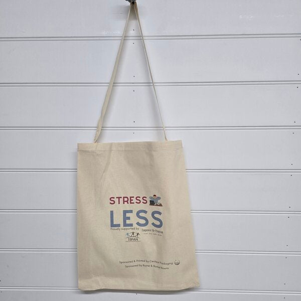 Calico tote bag with 'Stress Less' text - custom printed - centaur packaging