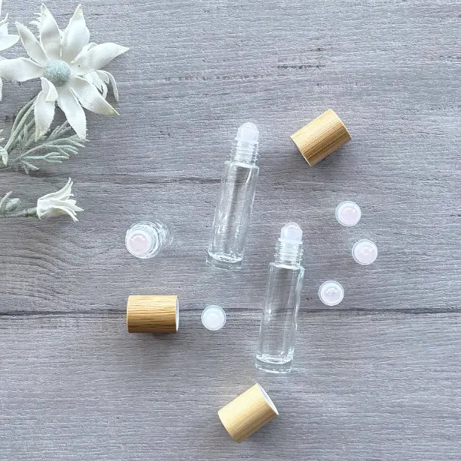 10ml Clear Bottle with Gemstone Roller Ball & Bamboo Lid - Rose Quartz