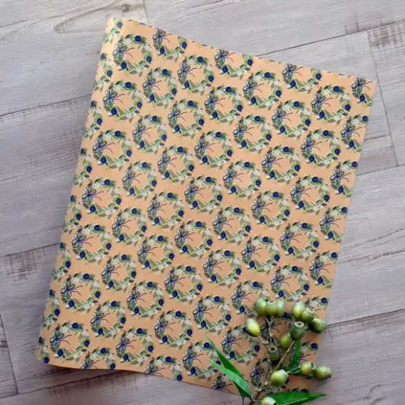 Wrapping Paper - Water Colour Wreaths on Kraft 60CM X 40MT