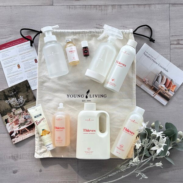 An assortment of cleaning products from Young living including some recipes.