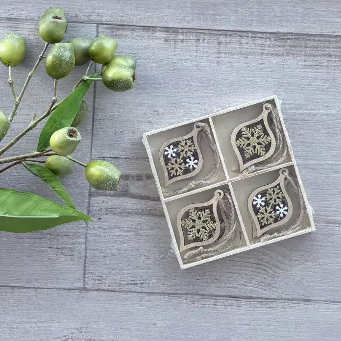 hanging wooden snowflake bauble box 8 set natural white and gold