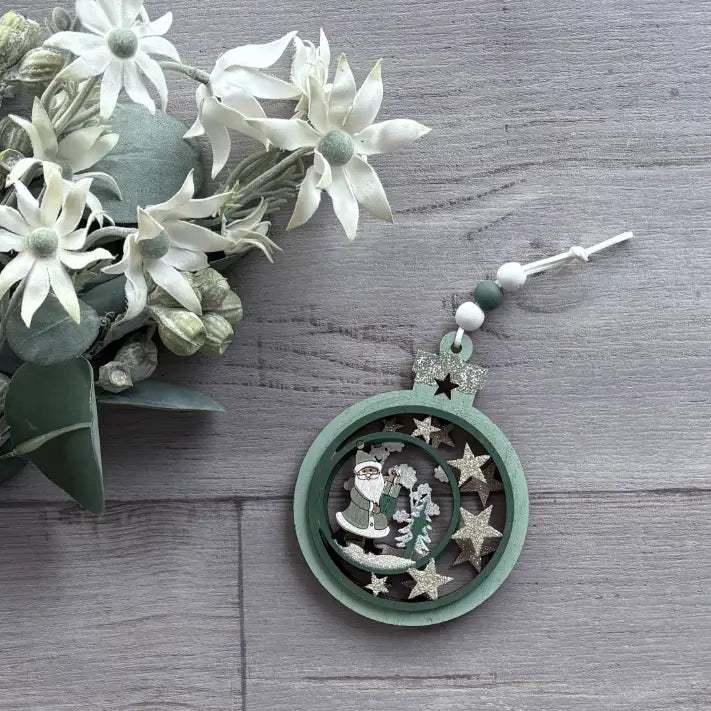 Hanging Wooden Bauble with Santa & Moon