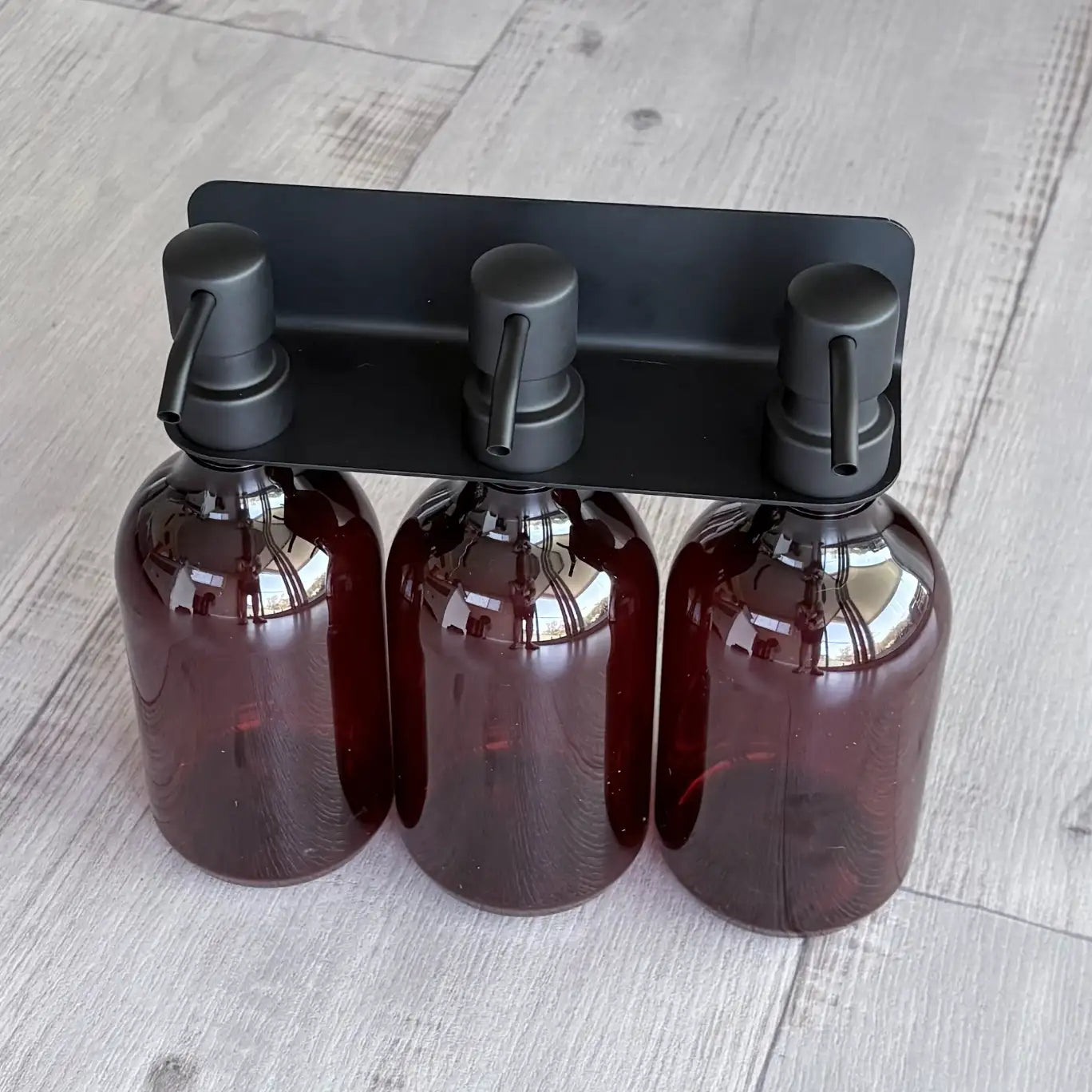 Stainless Steel 304 Soap Bottle Bracket 3 Hole – Black with three-amber pet