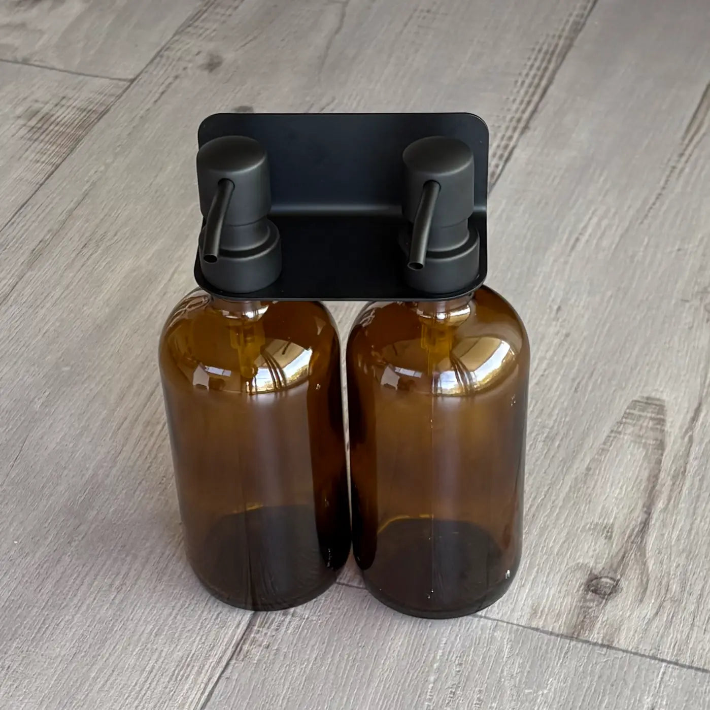 Stainless Steel 304 Soap Bottle Bracket 2 Hole – Black with amber bottle and black pump