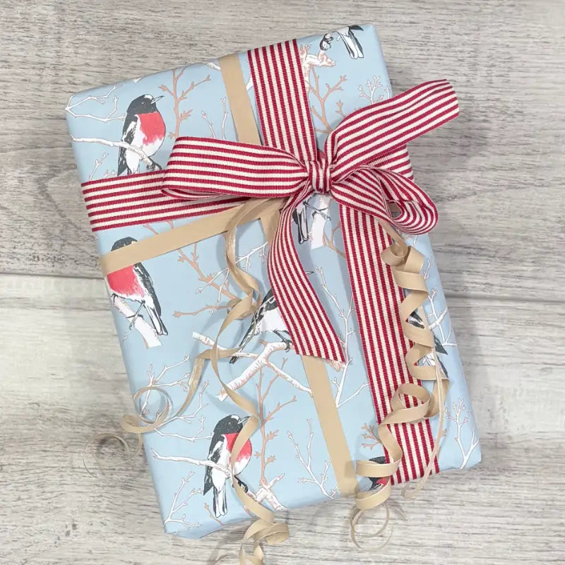 Wrapping Paper - Robin Blue & Red with fine stripe red ribbon and natural matt curling ribbon all @centaur packaging