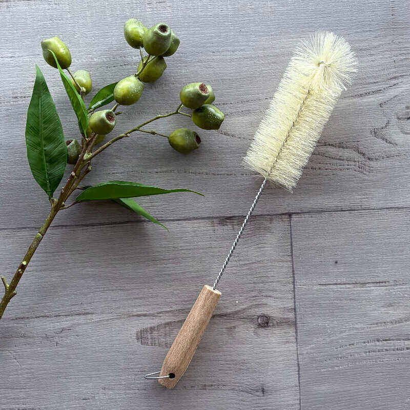 large wooden handle bottle brush with natural bristles white