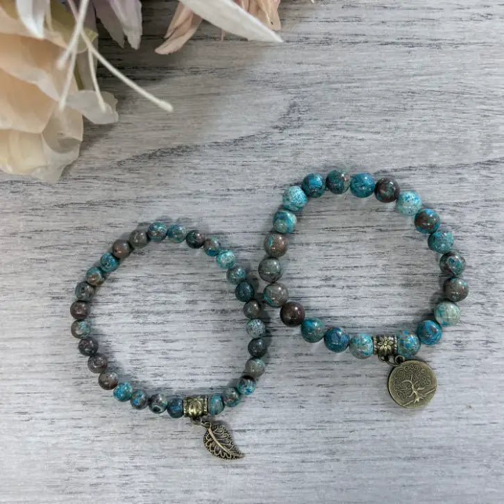 Aqua blue green gemstone bracelet with Tree of Life charm