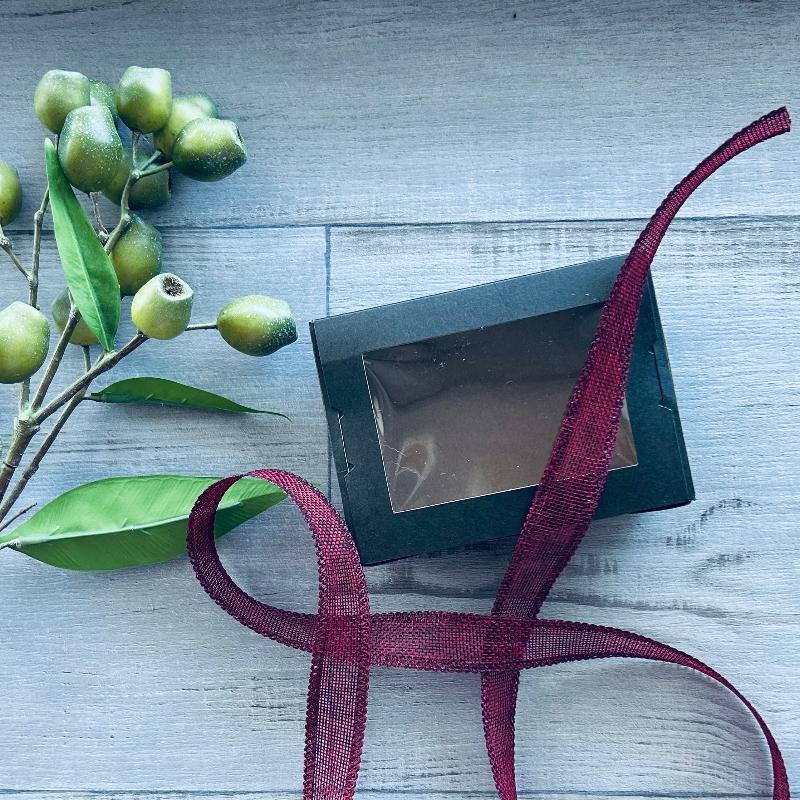 25mm faux linen ribbon burgundy 10m with black gift box