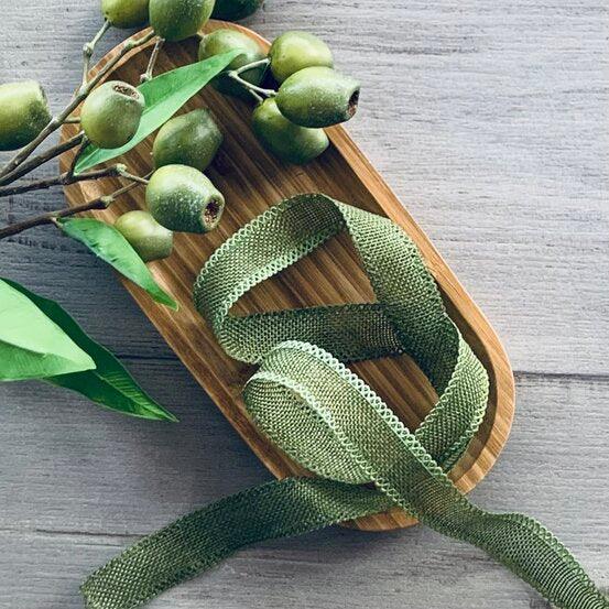 Faux Linen Ribbon with Scalloped Edge Moss 25mm x 10mt - centaur packaging