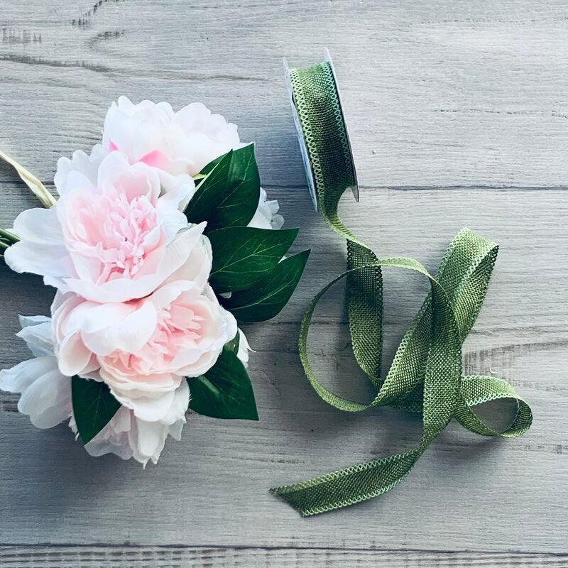 Faux Linen Ribbon with Scalloped Edge Moss 25mm x 10mt - centaur packaging