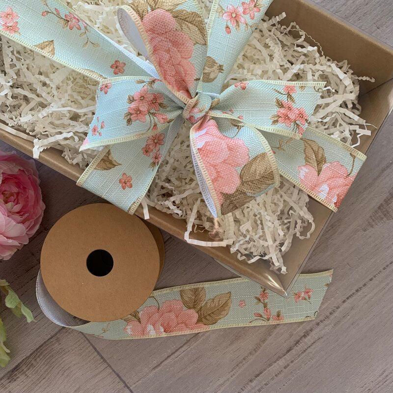 Floral Cotton Ribbon - Green Vintage Flowers - centaur packaging