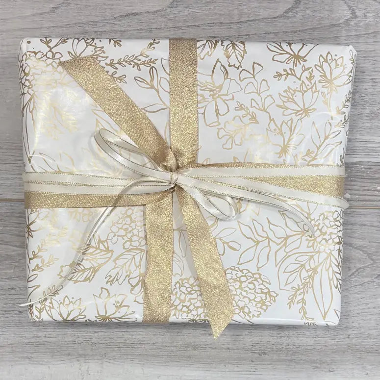 Wrapping Paper - Gold Hydrangea with gold ribbon