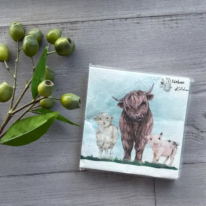 highland cow and friends paper napkins 3ply 20 pack