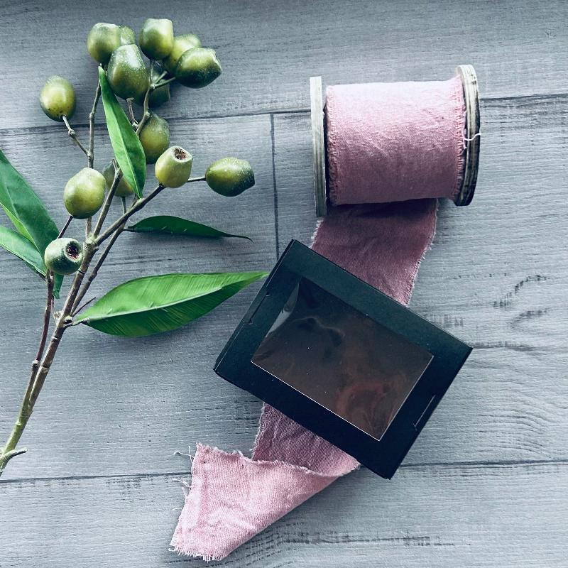 calico ribbon on wooden spool pink 8cm x 5mt with black gift box