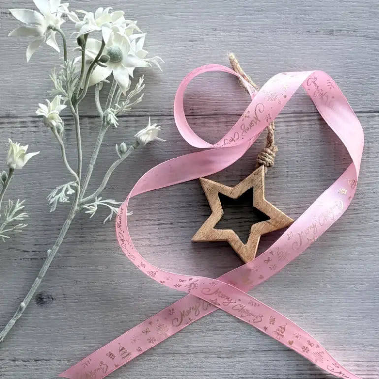 Satin Ribbon gold Merry Christmas - Pink 25m x 20mt