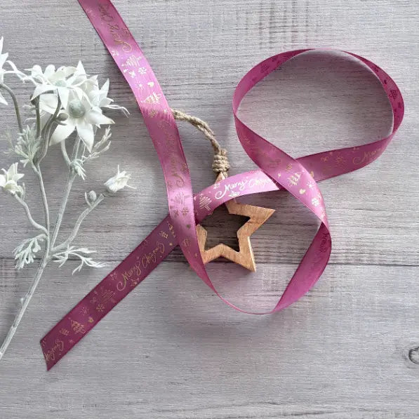 Satin Ribbon Merry Christmas - Plum 25mm x 20mt roll