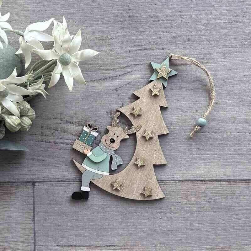 Hanging Wooden Tree Cresent with Reindeer christmas decoration
