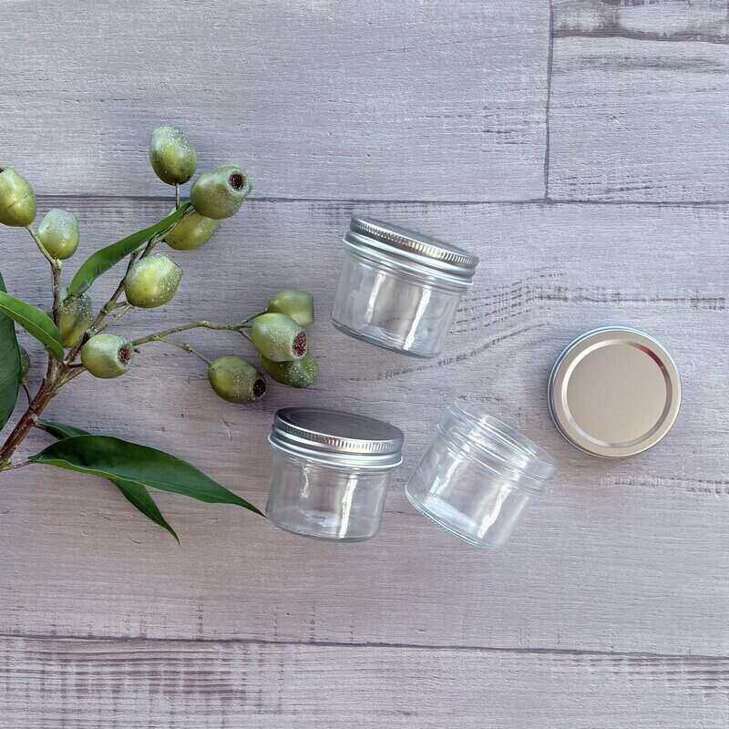 100ml Clear Glass Jar - Silver Lid x3 lid off