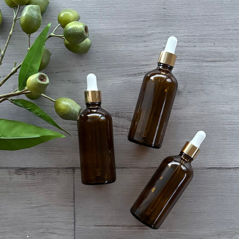 100ml amber glass bottle with gold & white dropper x 3 @ centaur packaging