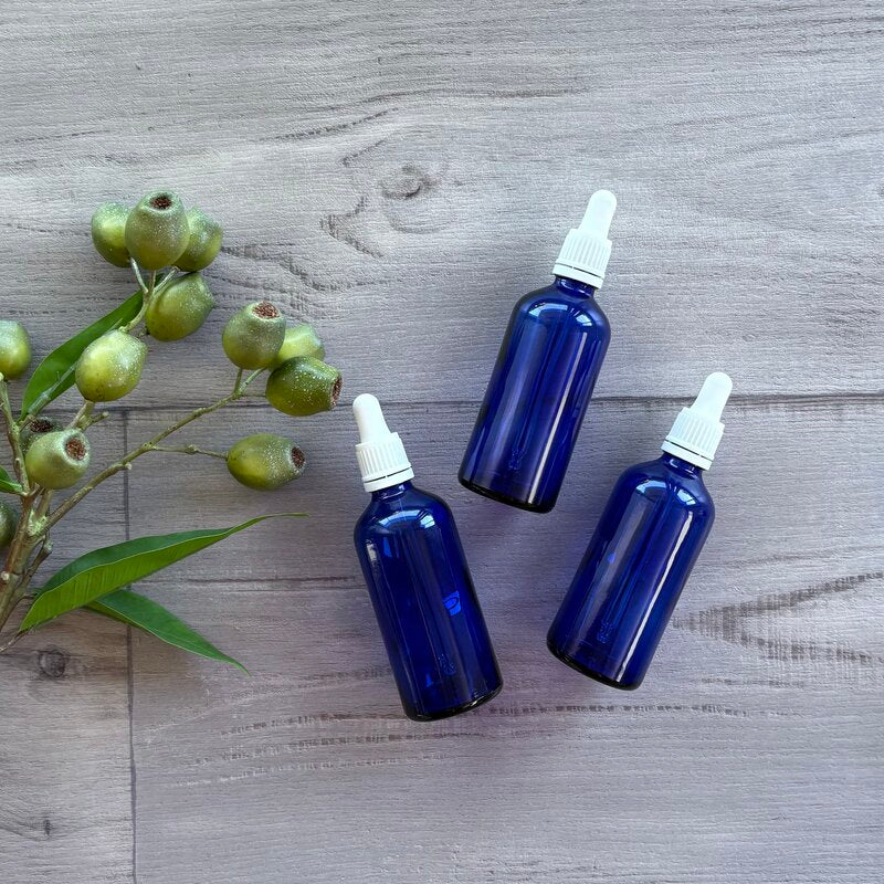 100ml blue glass bottle with white tamper evident dropper x 3