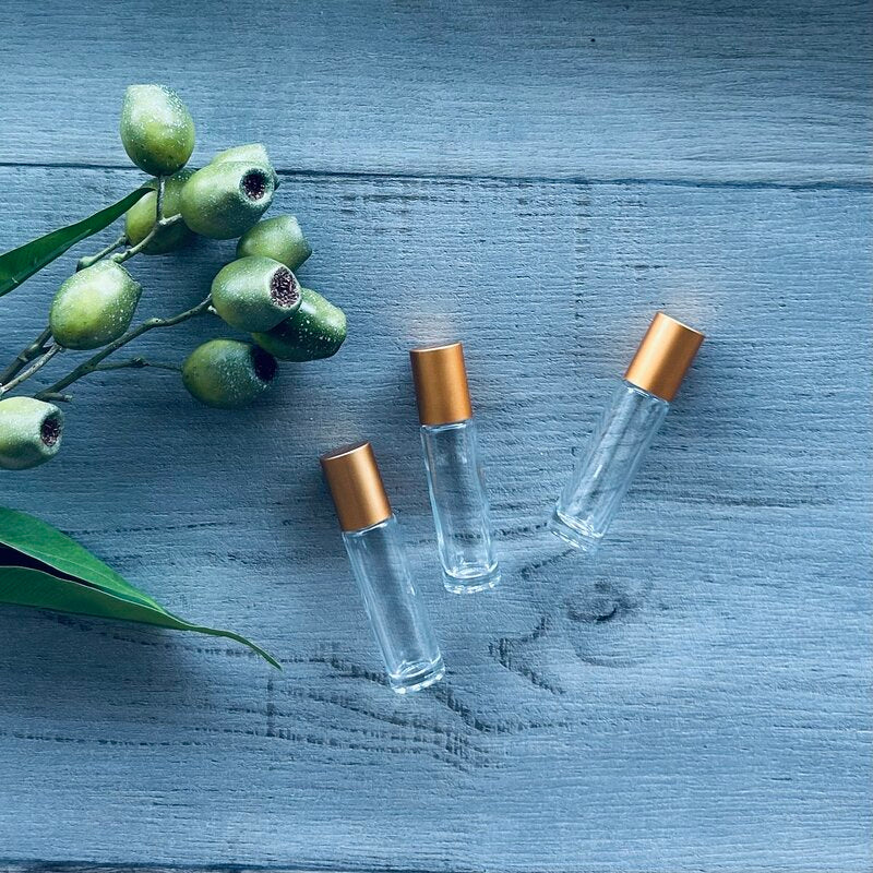 10ml clear roller bottle with deep gold lid x 3