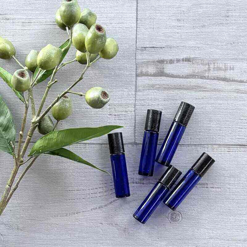 10ml Blue Roller Bottle with Brushed Black Lid - 5 Pack lid on