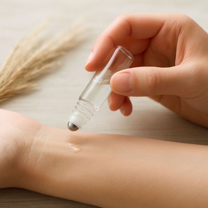 Hand applying a small bottle of cream to a wrist with a neutral background