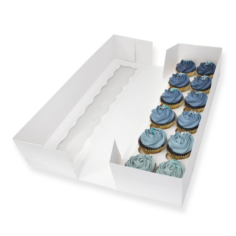 long 12 cavity cupcake box white with clear window with blue buttercream cupcakes
