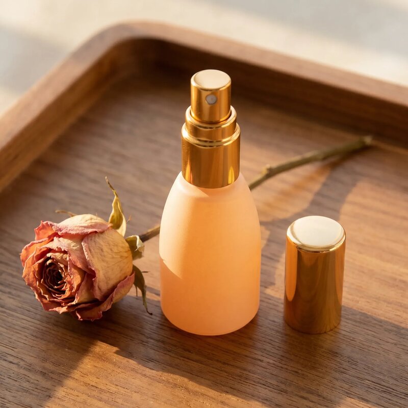 peach bottle with gold mister and rose
