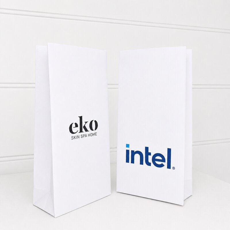 Two white bags with 'eko' and 'intel' logos