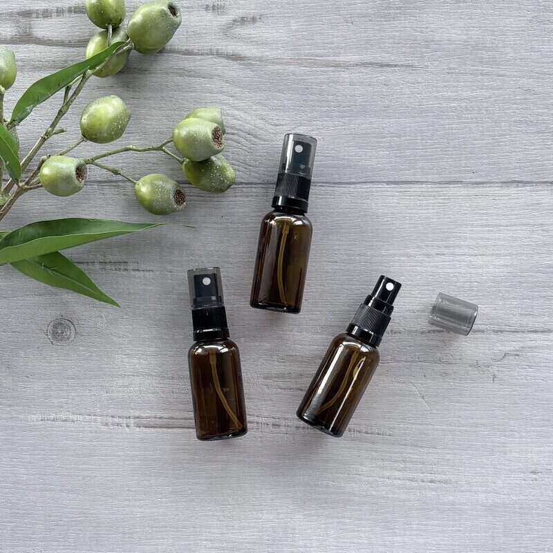 30ml Amber Glass Bottle with Black Mister Spray LID OFF