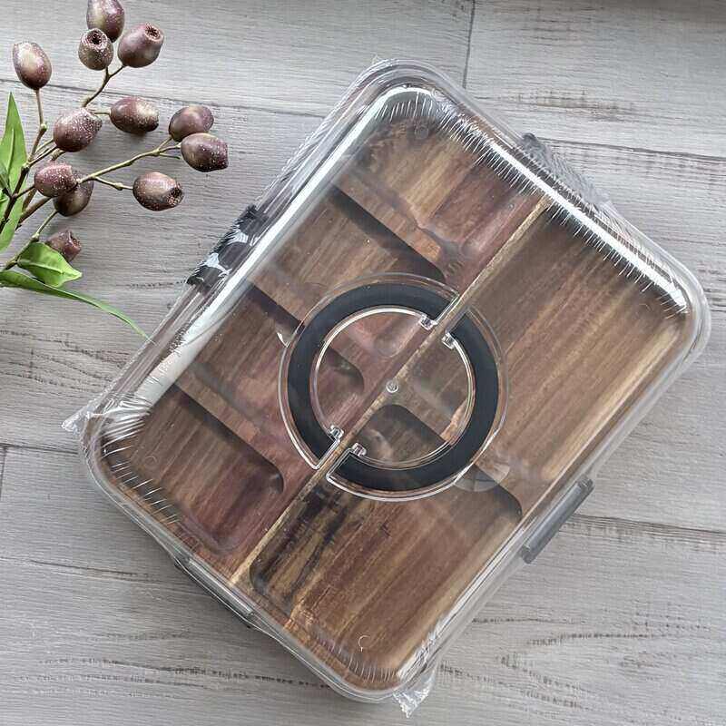 Alfresco Lane rectangular acacia wood grazing platter with six compartments and clear clip-lock lid with carry handles.