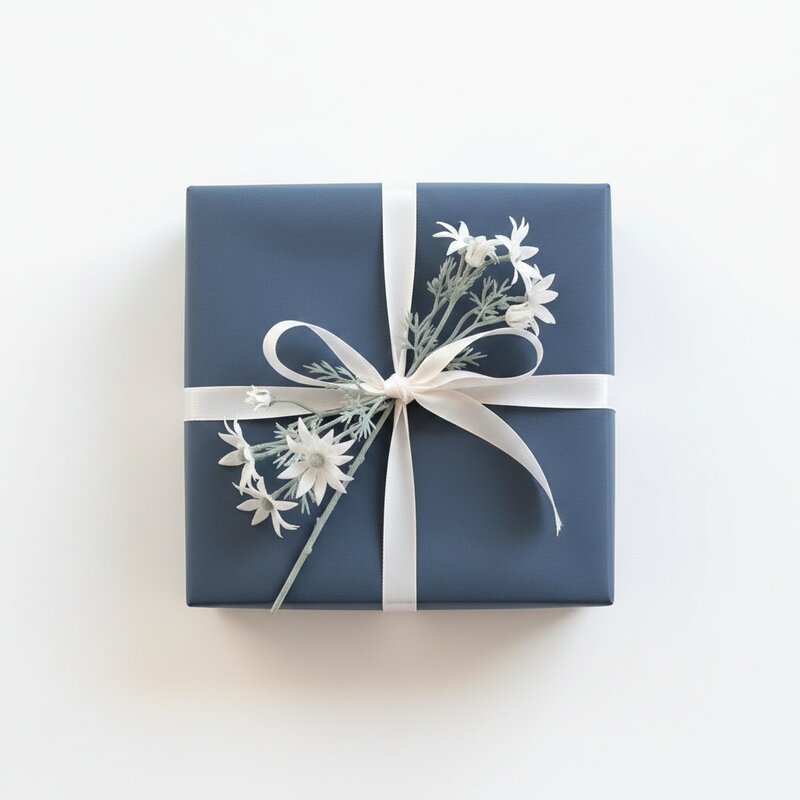 Blue gift box with white floral ribbon on a light background